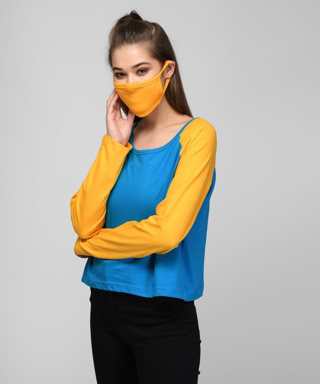 KOTTY Colorblock Women Round Neck Blue, Yellow T-Shirt 