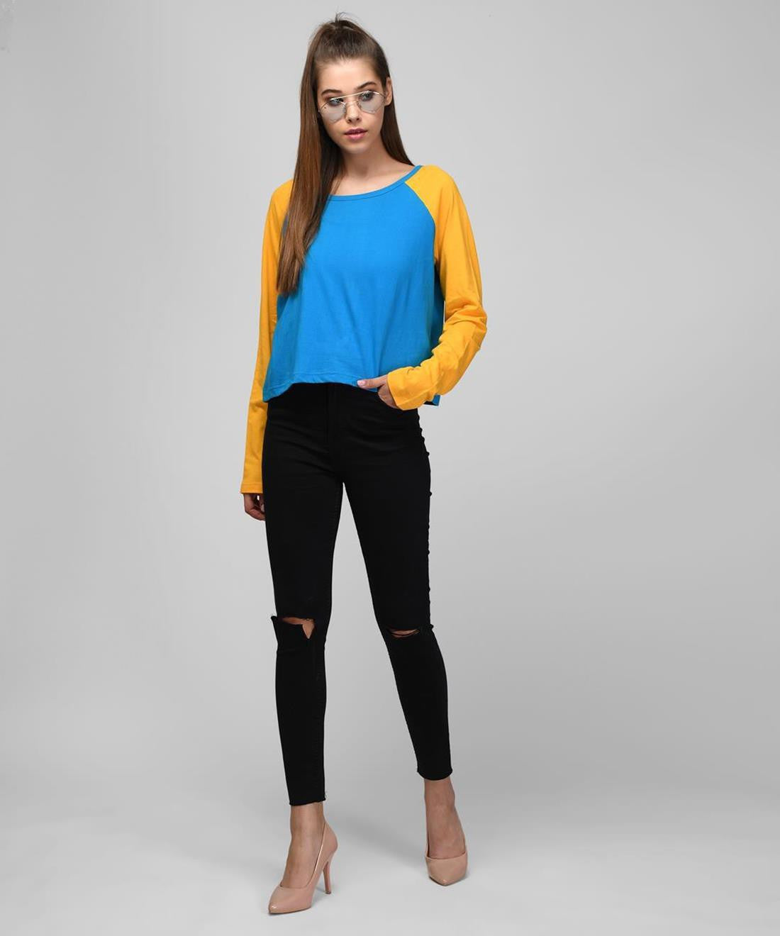KOTTY Colorblock Women Round Neck Blue, Yellow T-Shirt 
