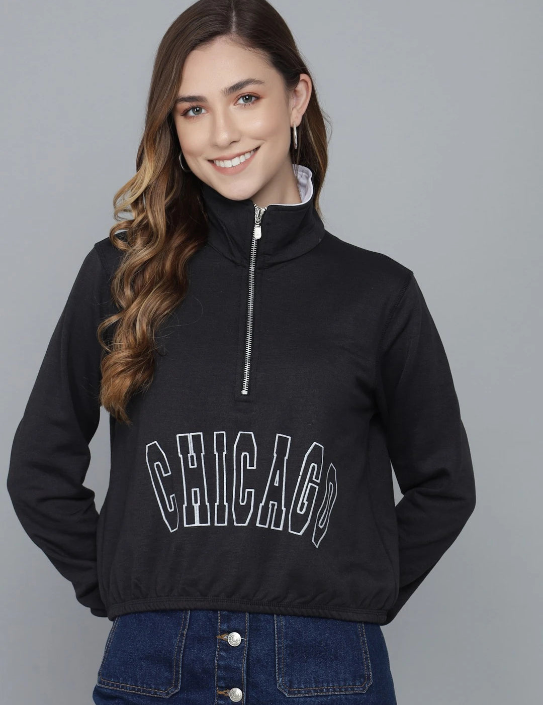 KOTTY Women Black Full Sleeve Printed Sweatshirt