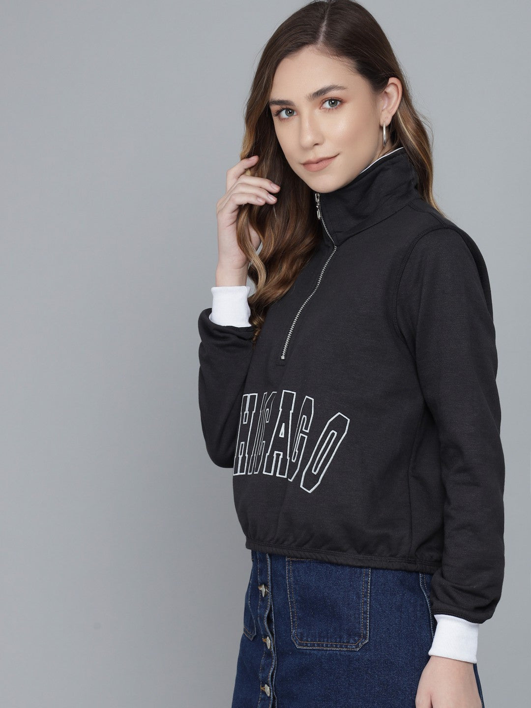 KOTTY Women Black Full Sleeve Printed Sweatshirt