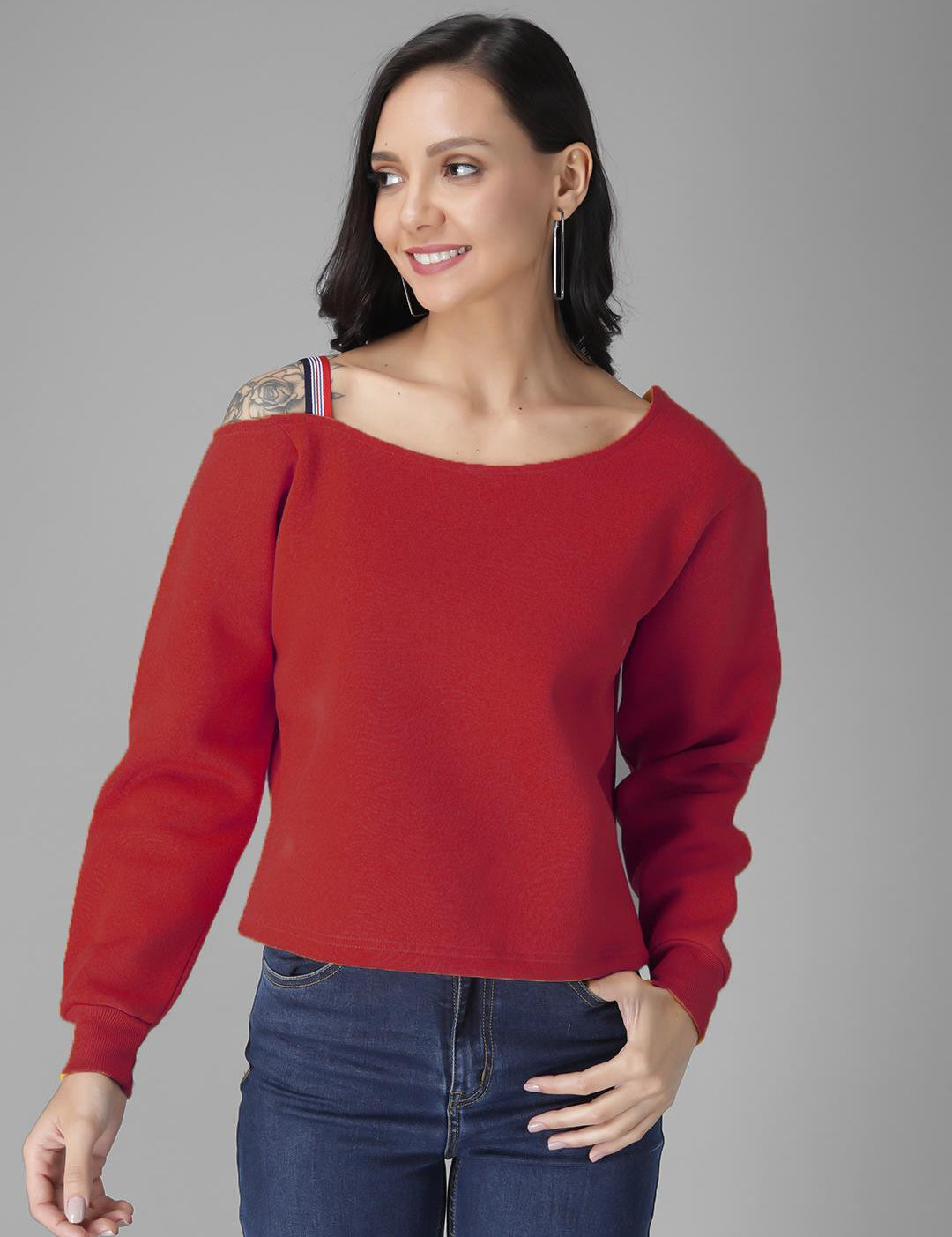 KOTTY Maroon Pure Cotton Solid Women Sweatshirt