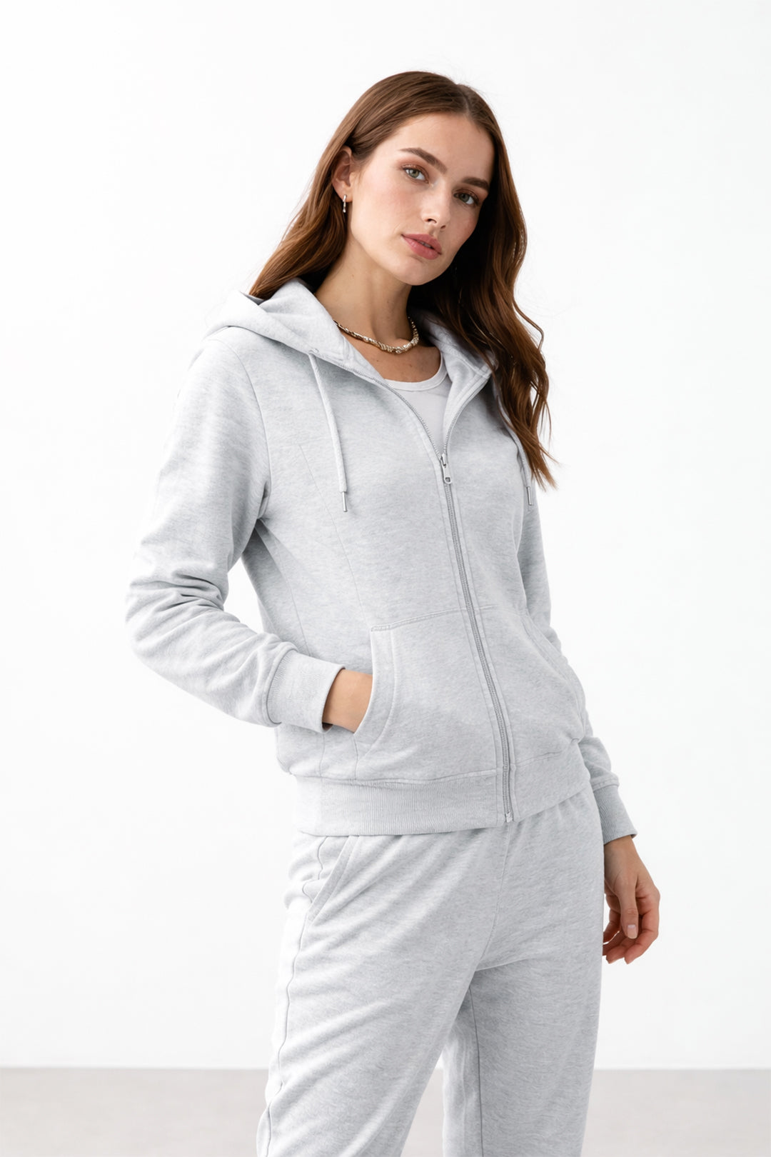 Women's Light Grey Zip Hoodie Tracksuit Set