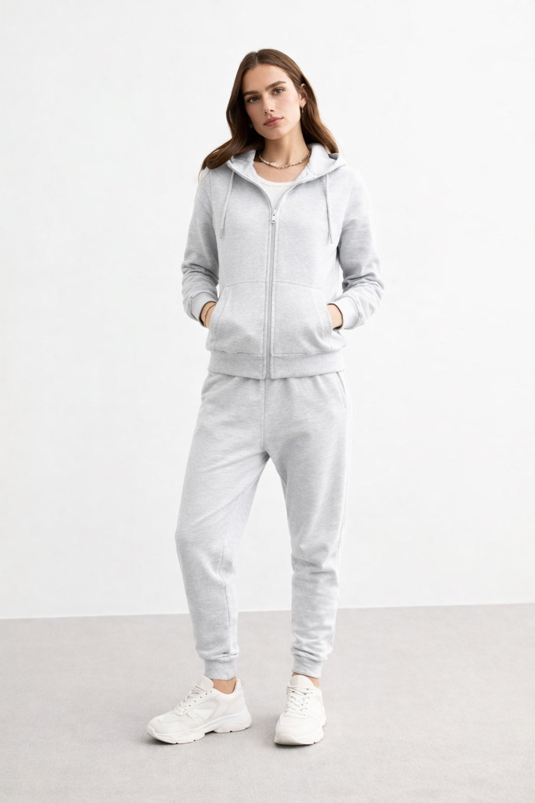Women's Light Grey Zip Hoodie Tracksuit Set