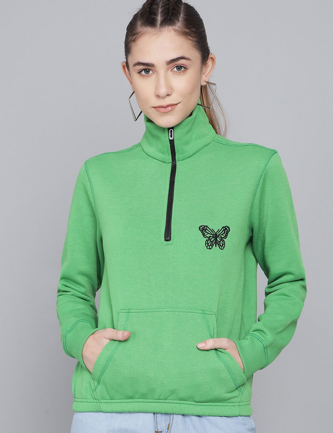 KOTTY Women GreyFull Sleeve Embroidery Sweatshirt