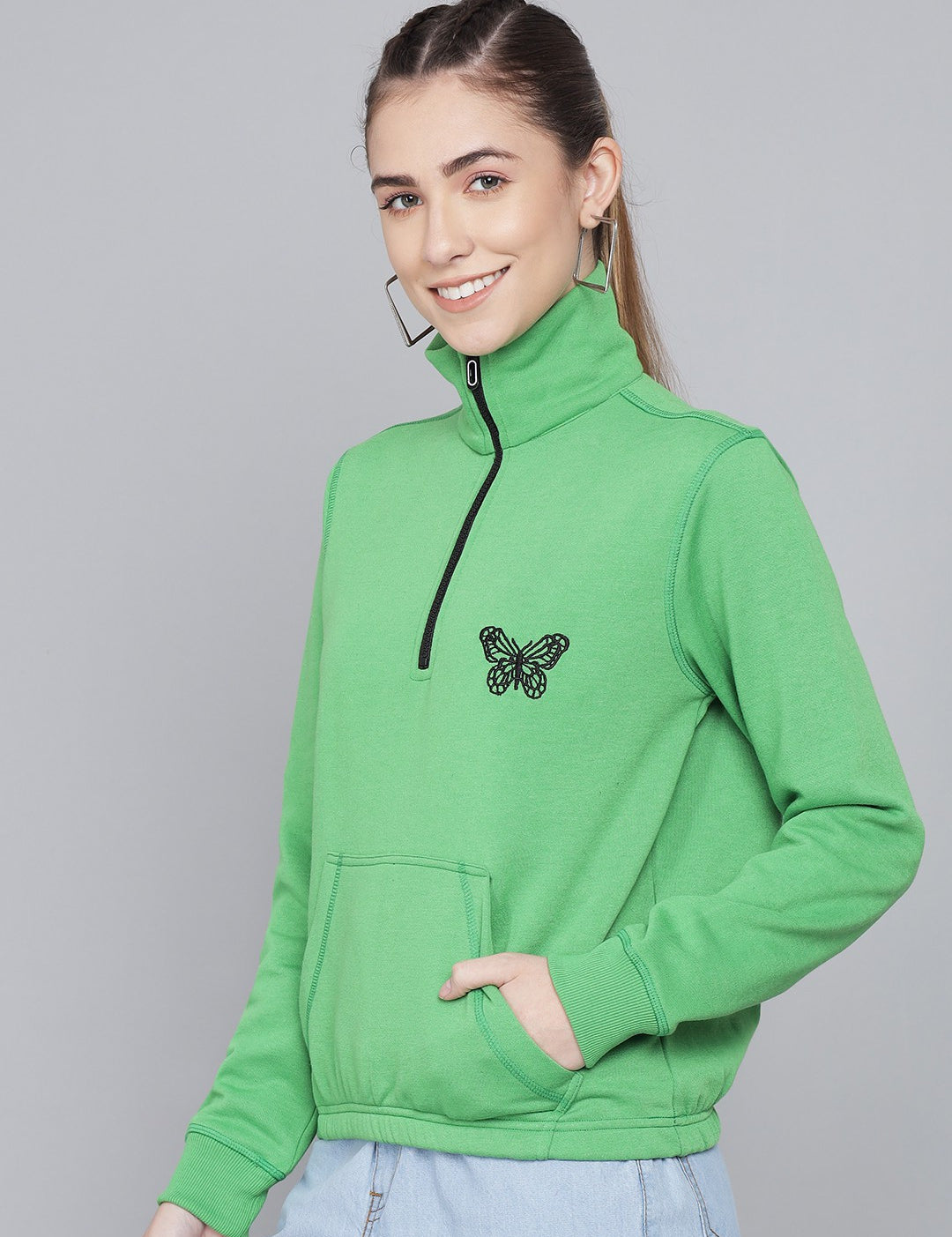 KOTTY Women GreyFull Sleeve Embroidery Sweatshirt