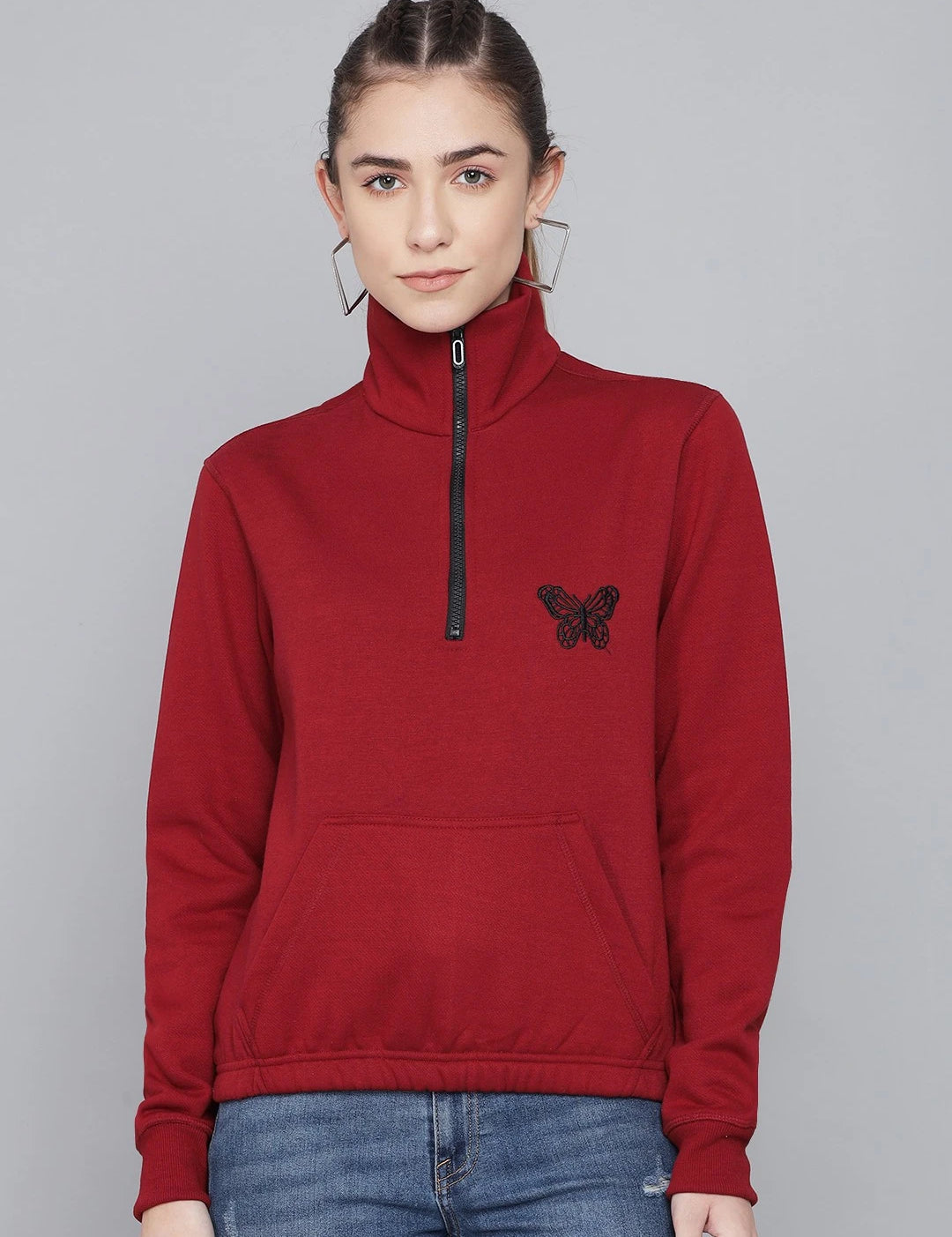 KOTTY Women GreyFull Sleeve Embroidery Sweatshirt