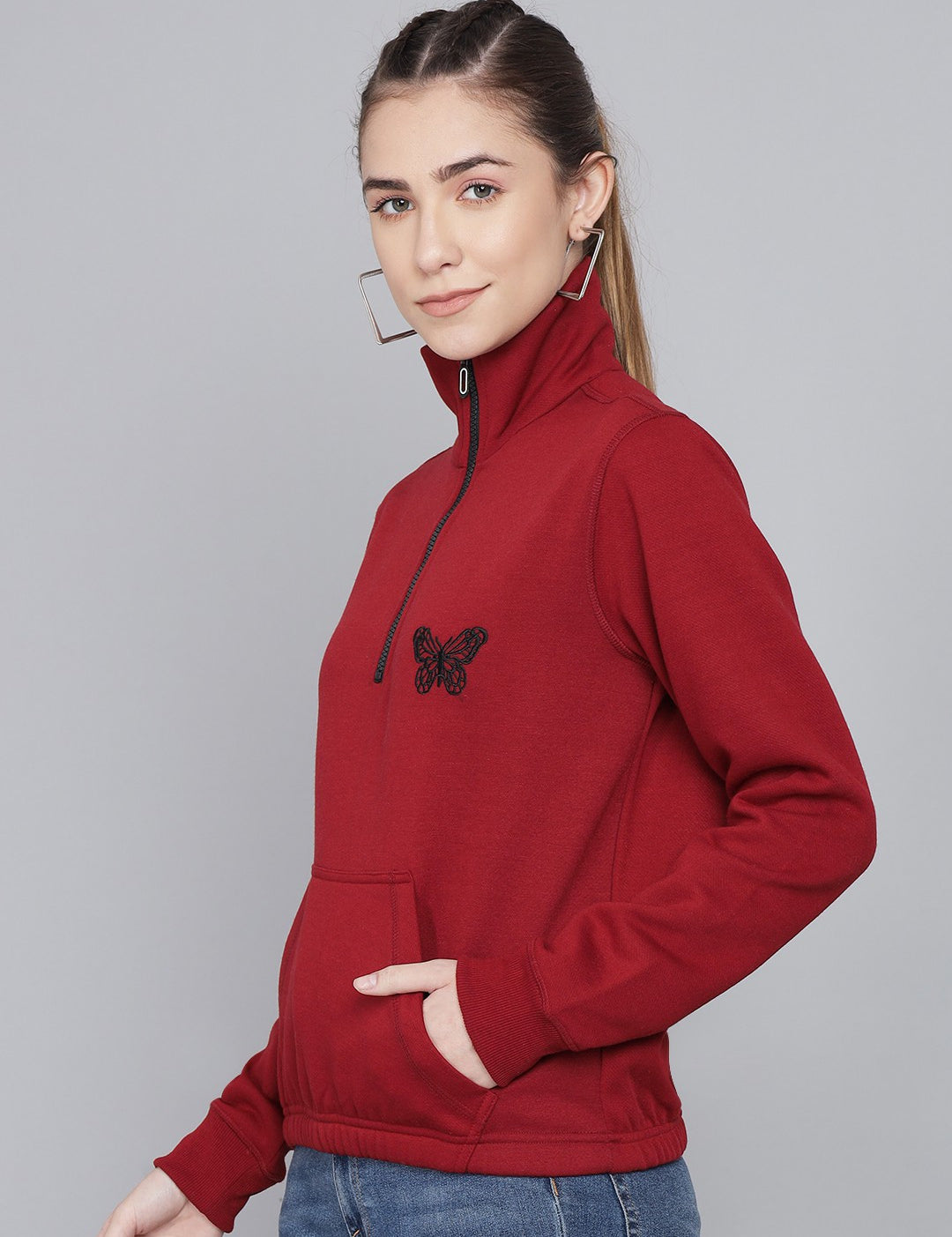 KOTTY Women GreyFull Sleeve Embroidery Sweatshirt