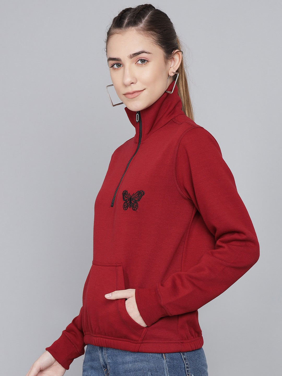 KOTTY Women GreyFull Sleeve Embroidery Sweatshirt