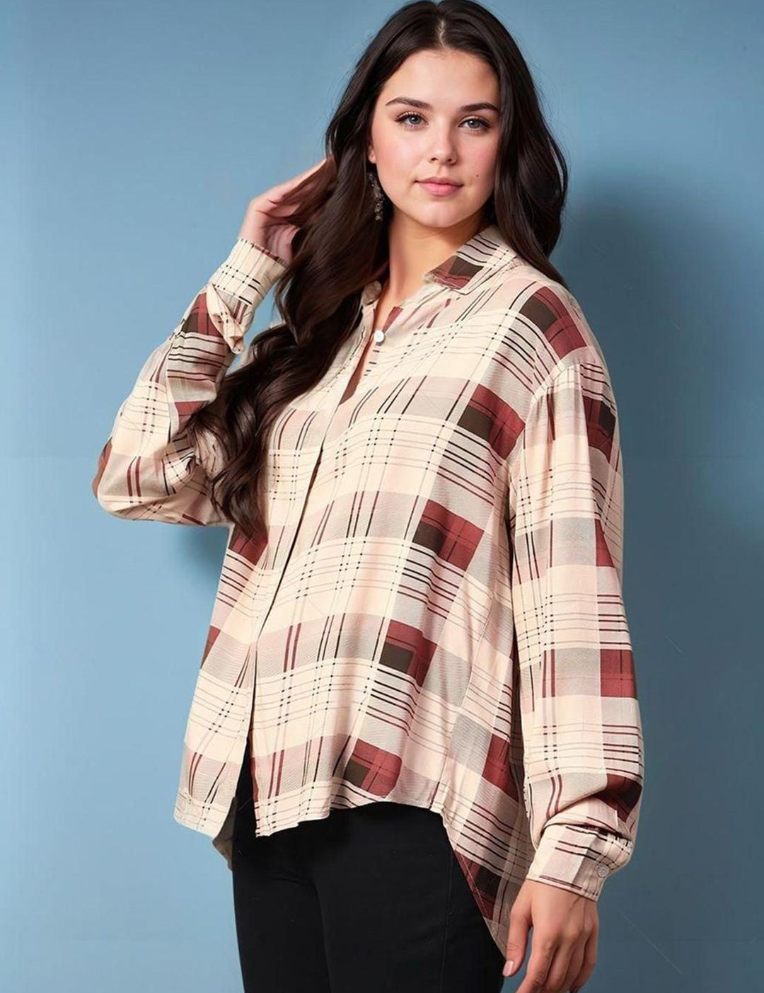 Kotty Women Spread Collar Tartan Checked Cotton Casual Shirt