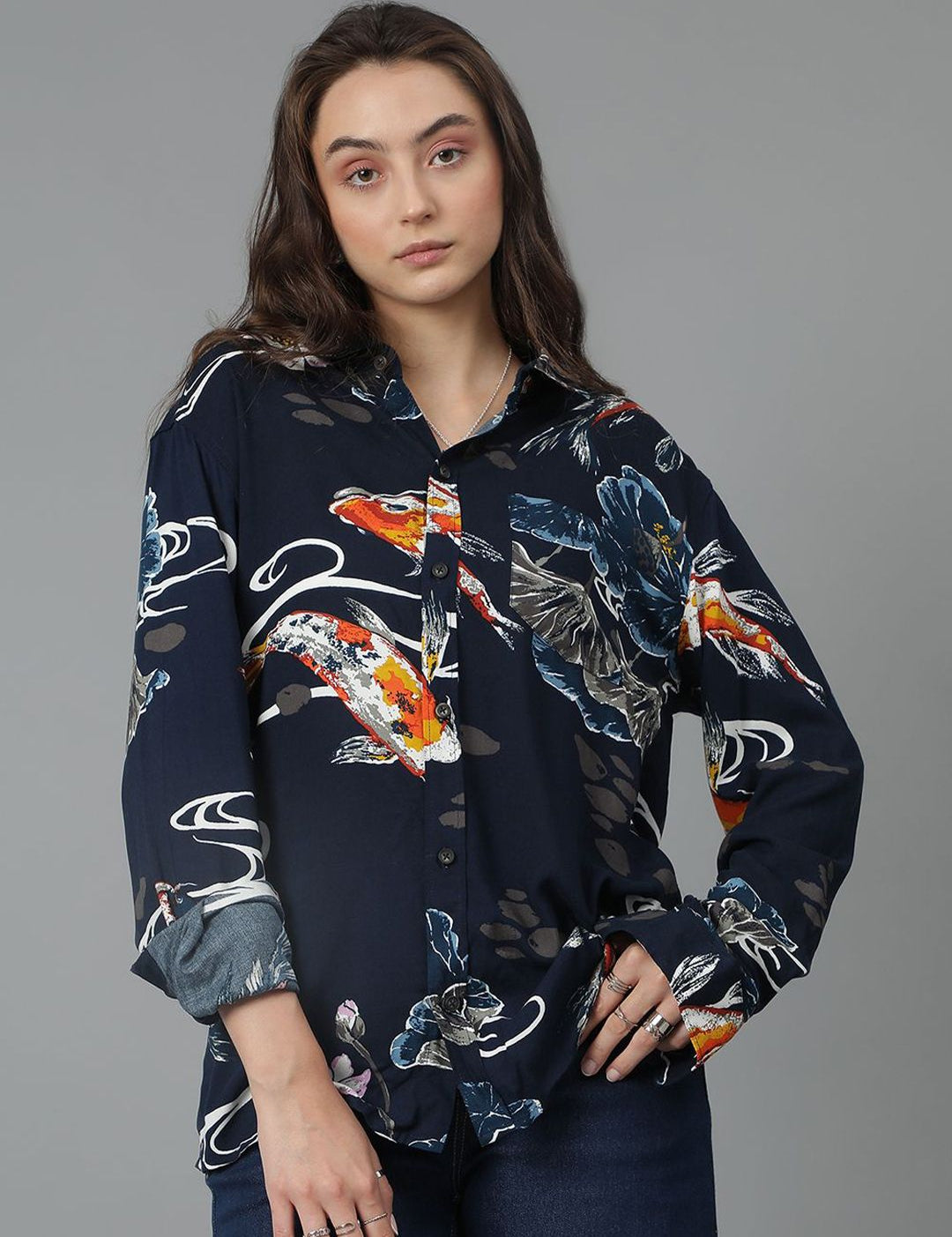 Kotty Women Spread Collar Abstract Printed Cotton Oversized Casual Shirt