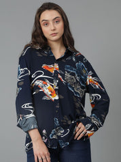 Kotty Women Spread Collar Abstract Printed Cotton Oversized Casual Shirt