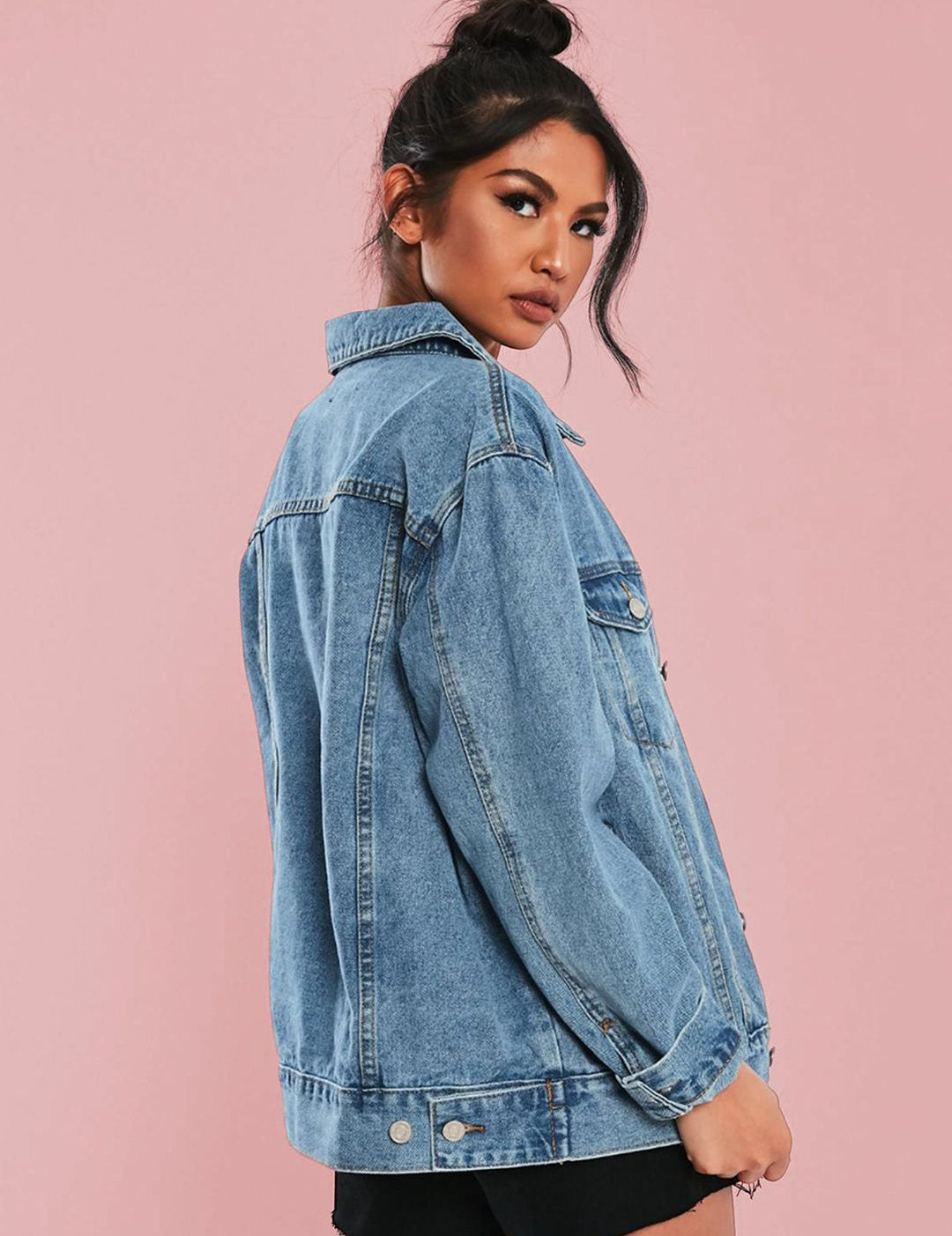 Kotty Women Spread Collar Solid Denim Casual Jacket