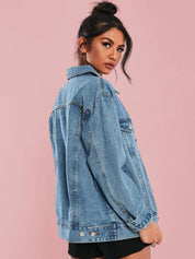 Kotty Women Spread Collar Solid Denim Casual Jacket