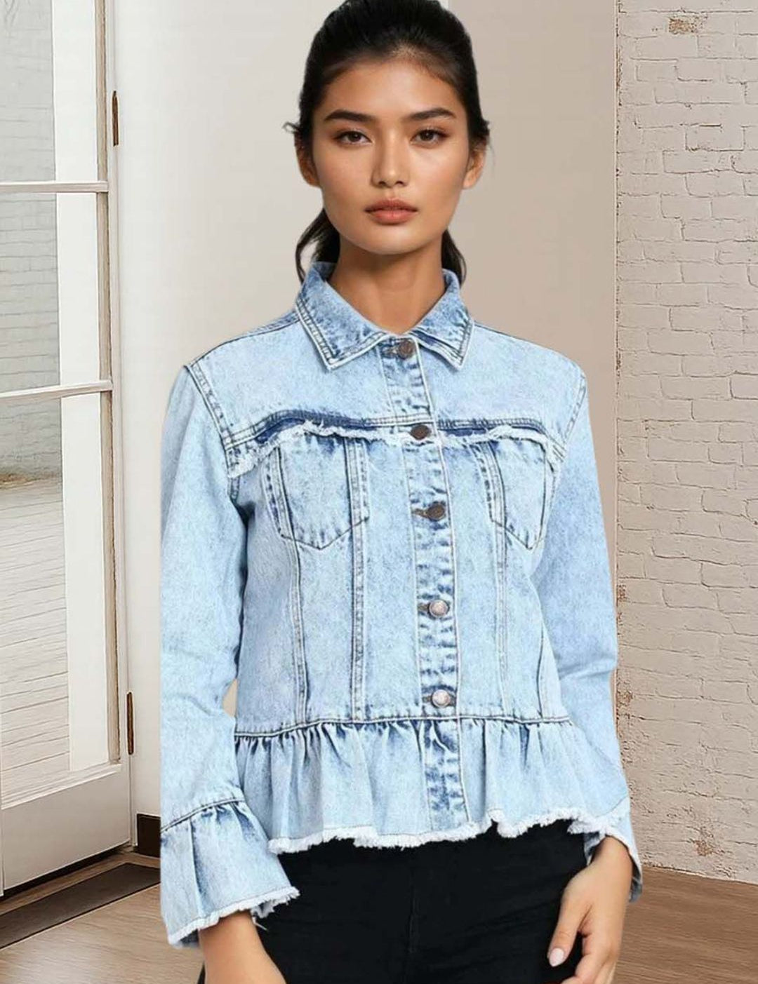 Kotty Women Spread Collar Solid Denim Jacket