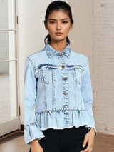 Kotty Women Spread Collar Solid Denim Jacket