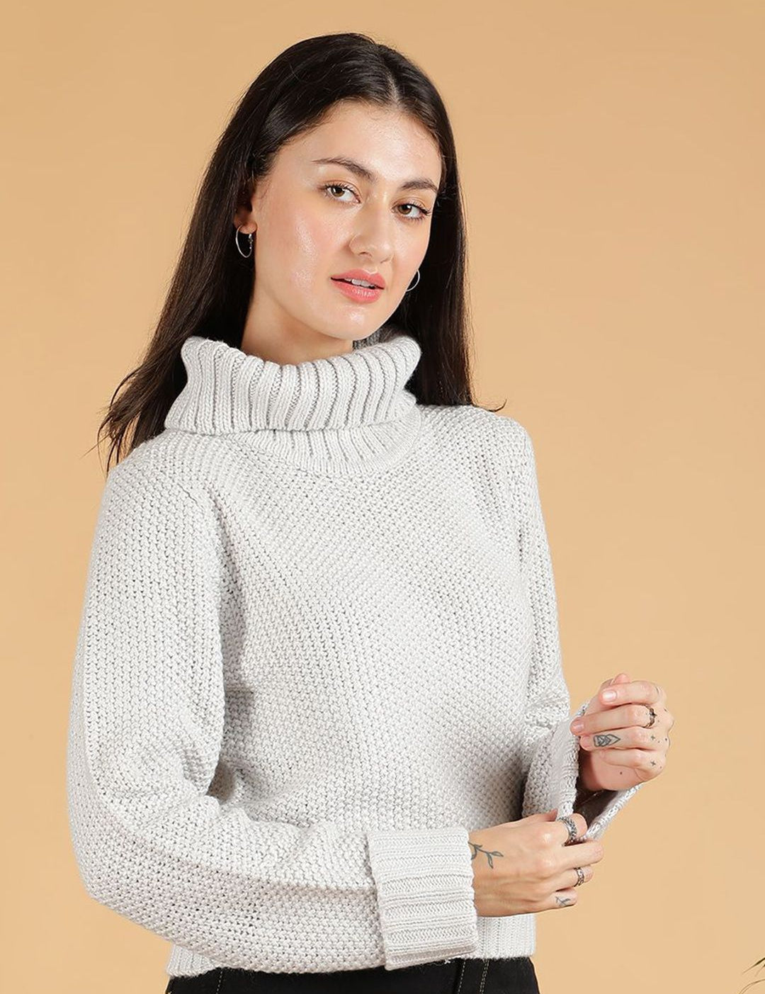 Kotty Women Cotton Turtle Neck Long Sleeves Casual Pullover