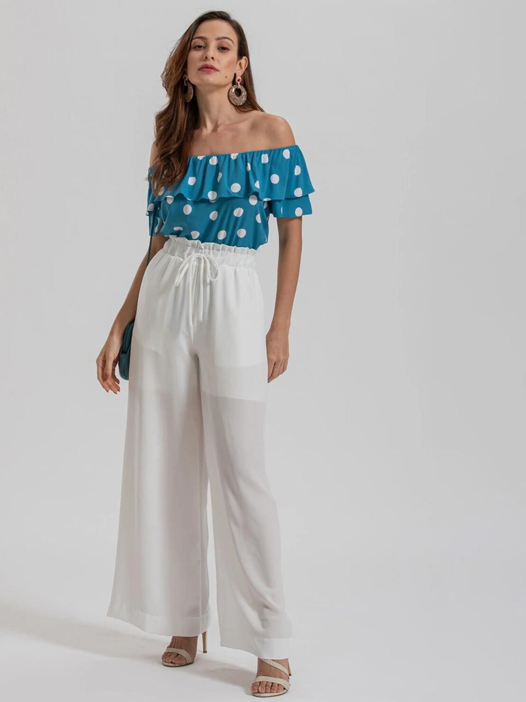 Kotty Polka Dot Printed Off-Shoulder Puff Sleeve Bardot Crop Top