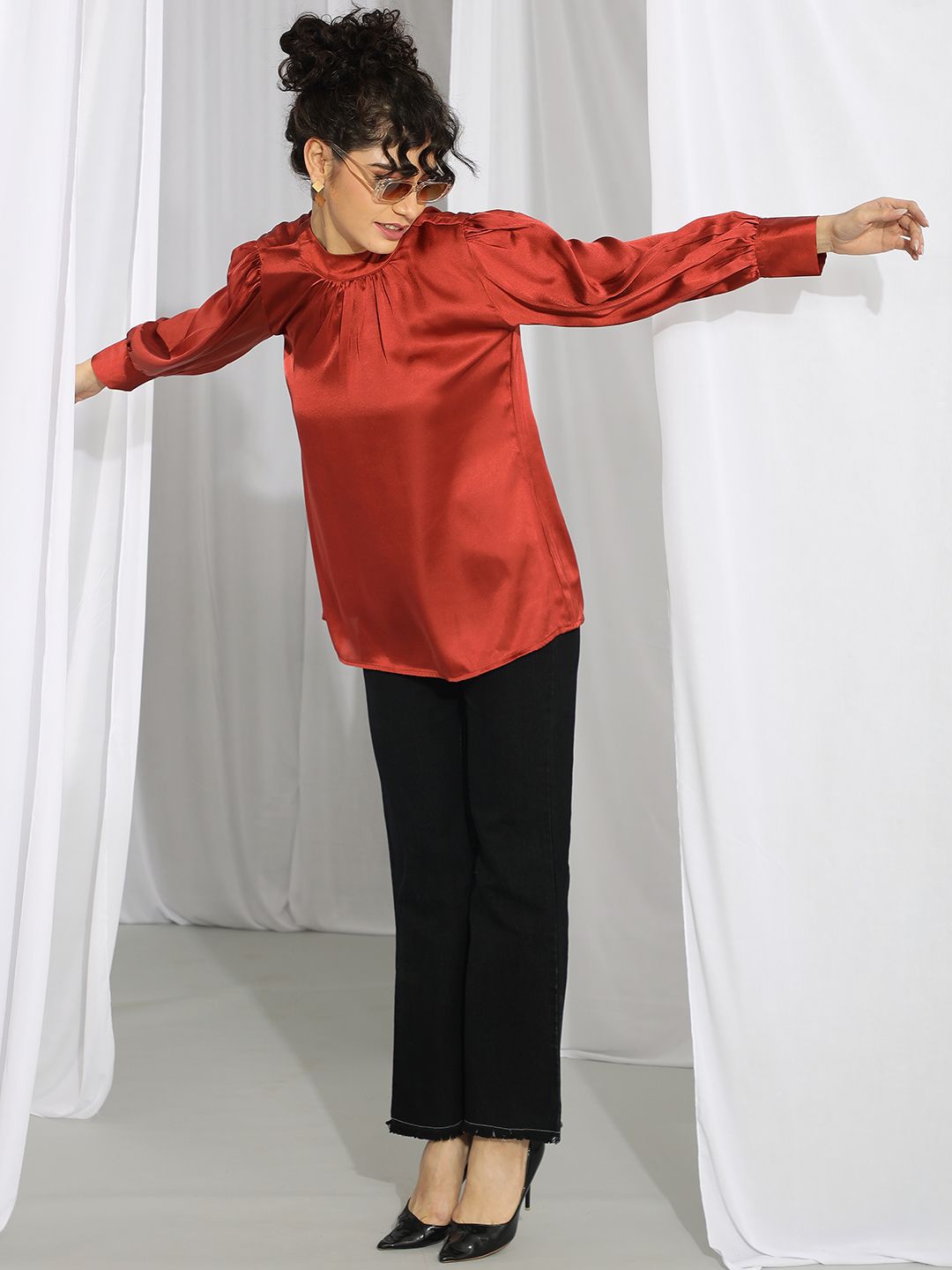 Kotty Women Satin High Neck Cuffed Sleeves Top