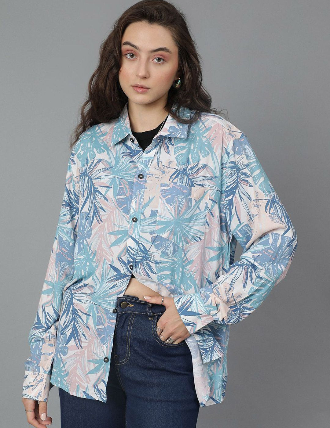 Kotty Women Spread Collar Floral Printed Cotton Oversized Casual Shirt