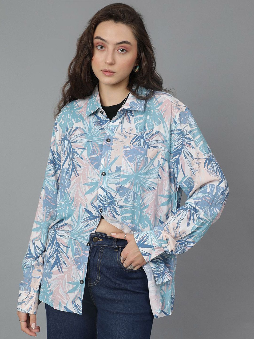 Kotty Women Spread Collar Floral Printed Cotton Oversized Casual Shirt