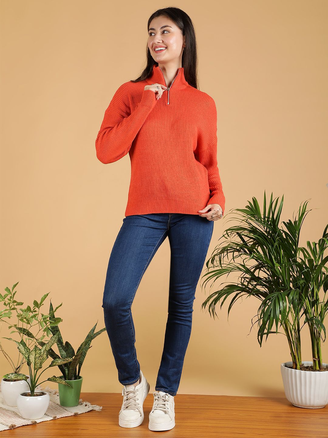 Kotty Women Half Zipper Ribbed Cotton Pullover
