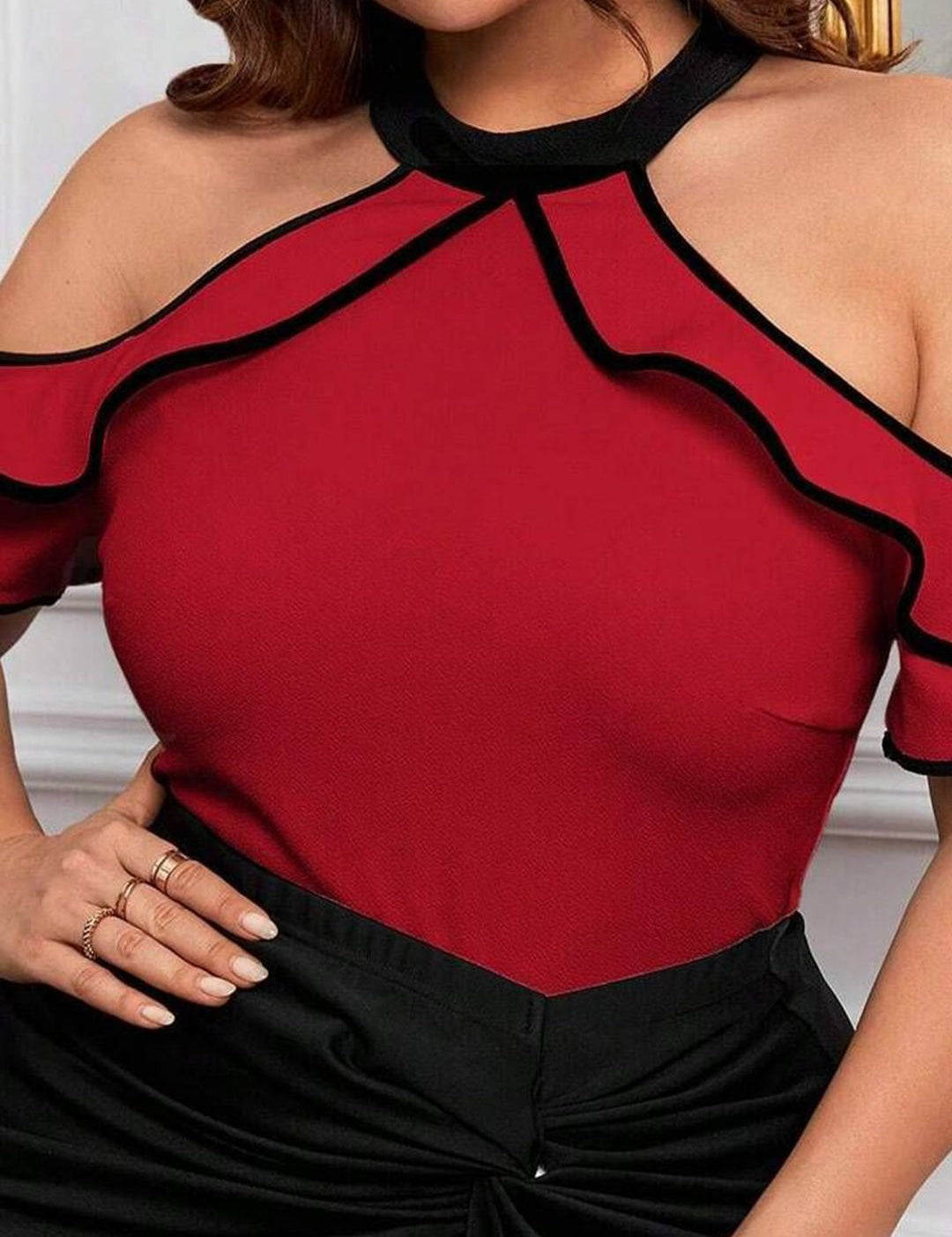 KOTTY Women Halter Neck Cold Shoulder Sleeves Top