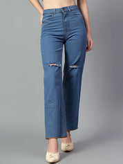 Kotty Women Jean Straight Fit High-Rise Slash Knee Stretchable Jeans