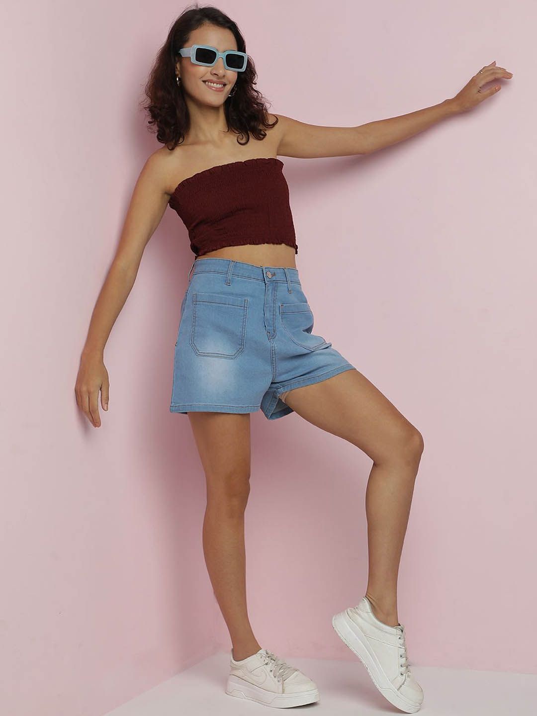 Kotty Women Solid High-Rise Cotton Denim Shorts