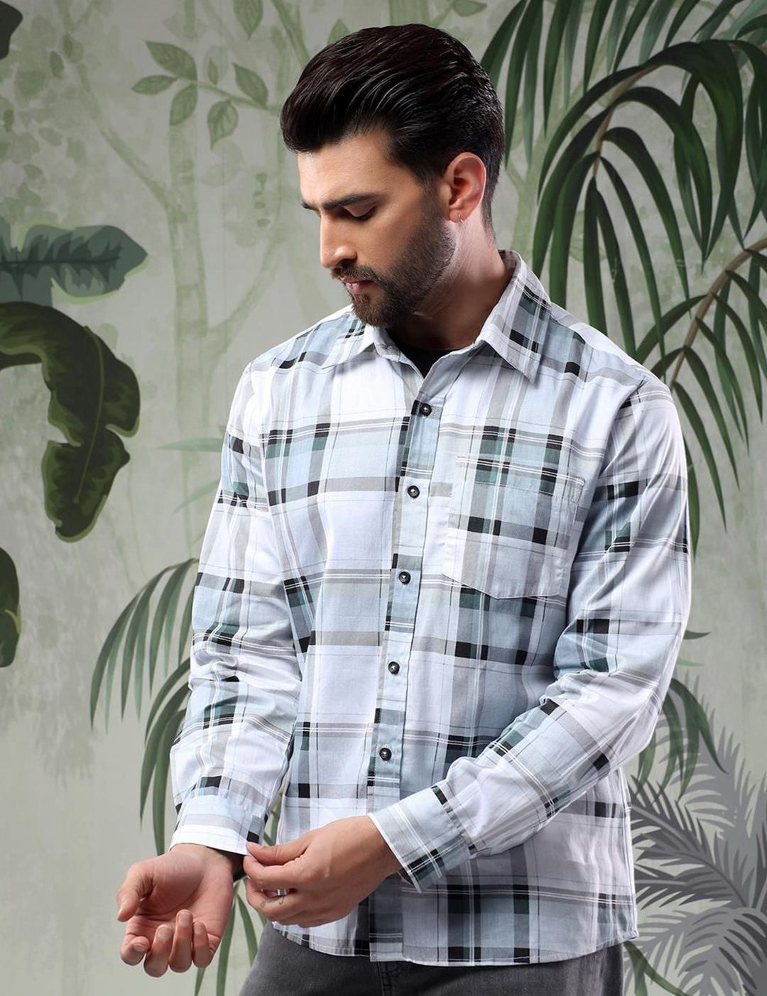 Kotty Men Spread Collar Tartan Checked Casual Shirt