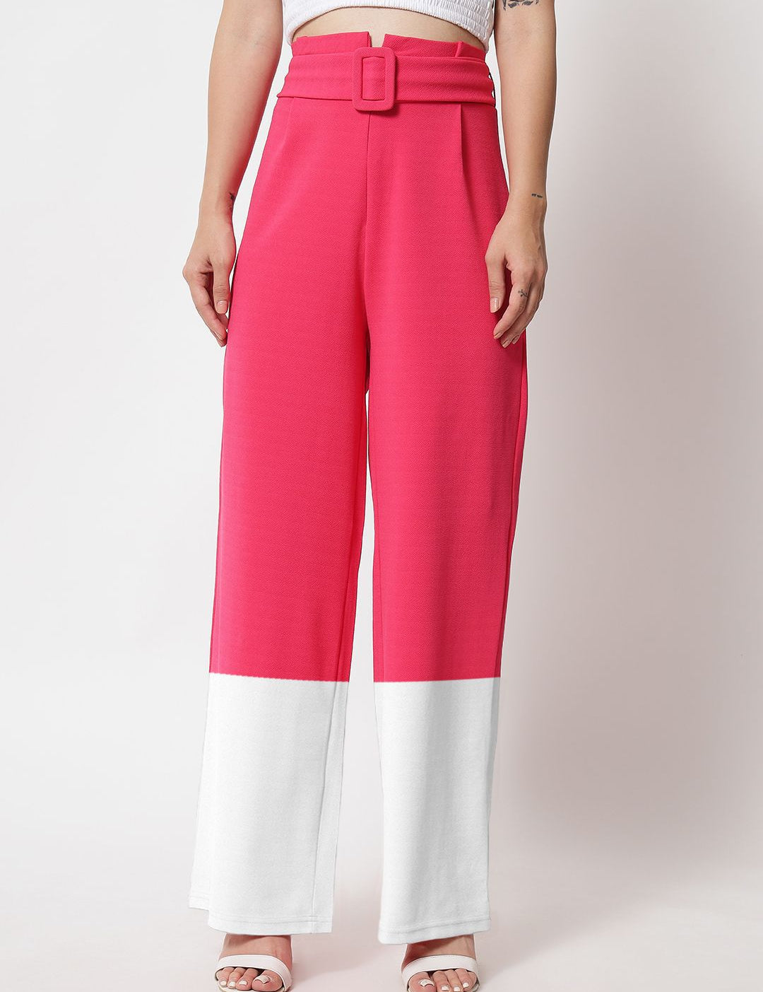 Kotty Women Colourblocked High-Rise Easy Wash Straight Pants Trousers