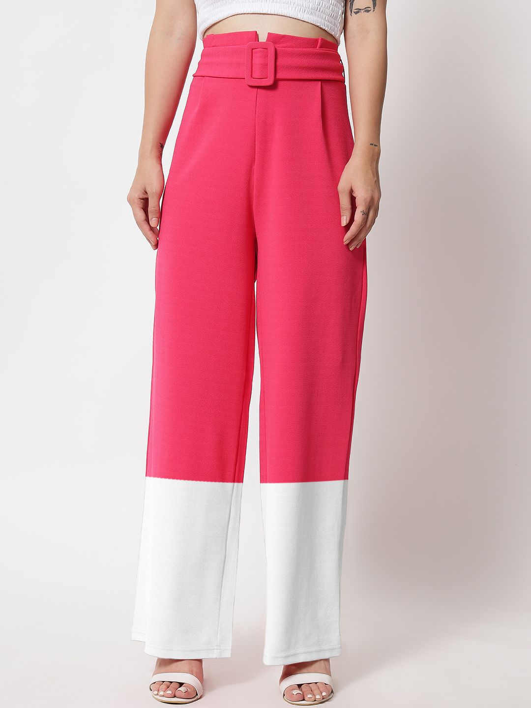 Kotty Women Colourblocked High-Rise Easy Wash Straight Pants Trousers