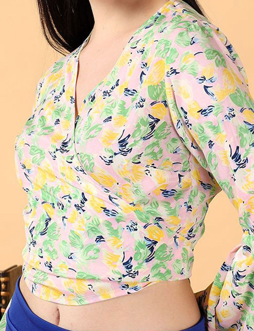 Kotty Floral Print Bell Sleeve Crepe Wrap Crop Top