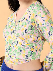 Kotty Floral Print Bell Sleeve Crepe Wrap Crop Top