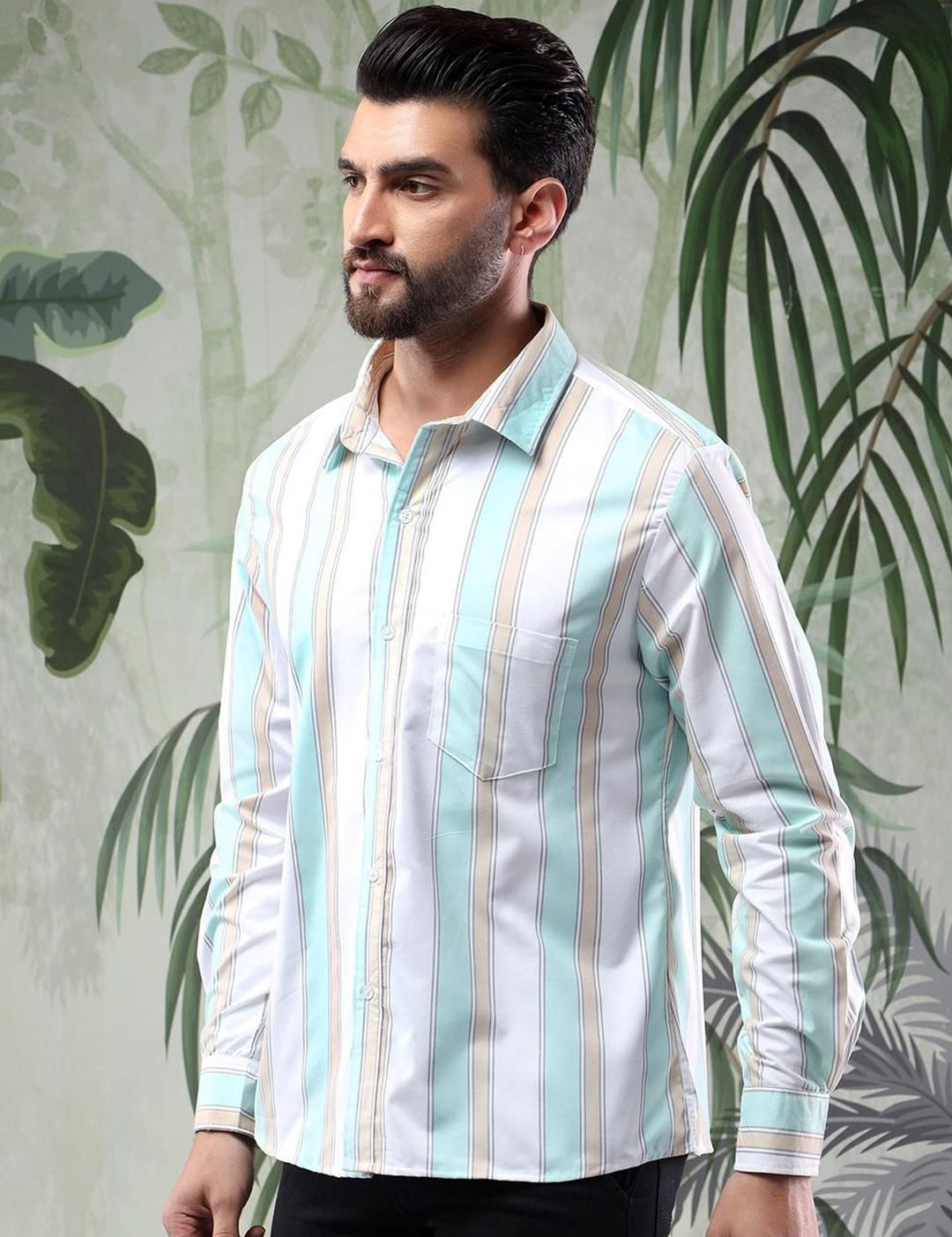 Kotty Men Spread Collar Vertical Striped Casual Shirt