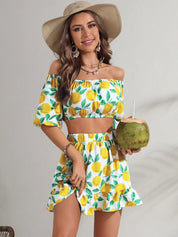 Kotty White & Yellow Printed Off-Shoulder Crop Top With Skirt