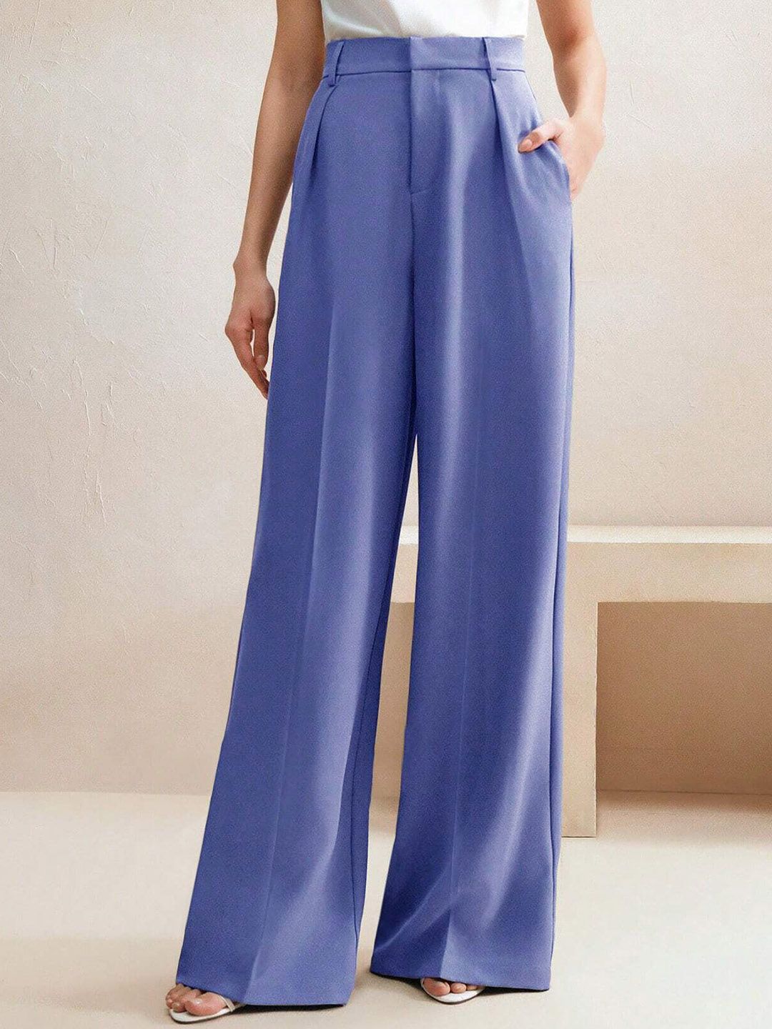 Kotty Women Solid Pleated High-Rise Relaxed Fit Formal Trousers