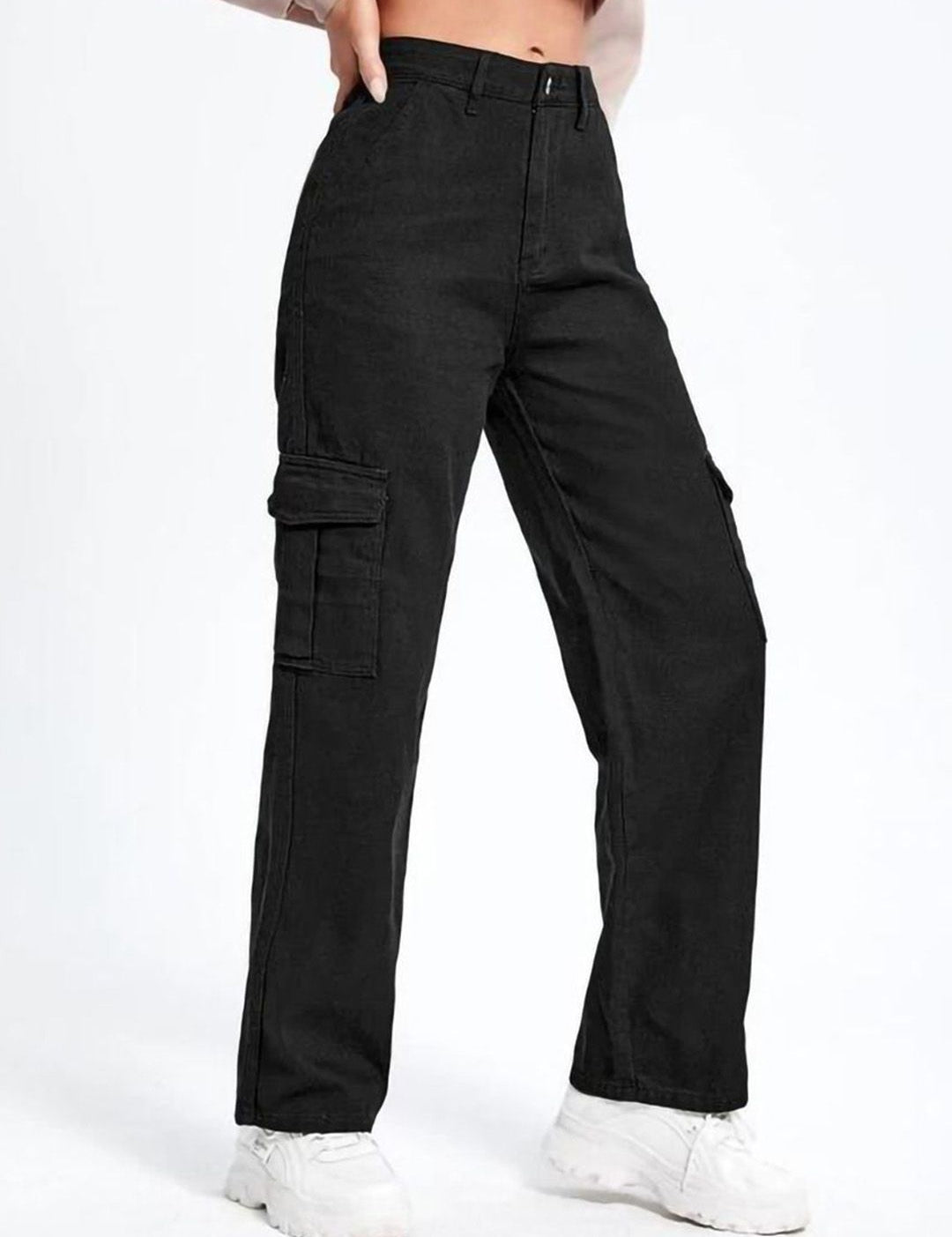 Kotty Women Cotton Straight Fit High-Rise Cargo Styles Jeans