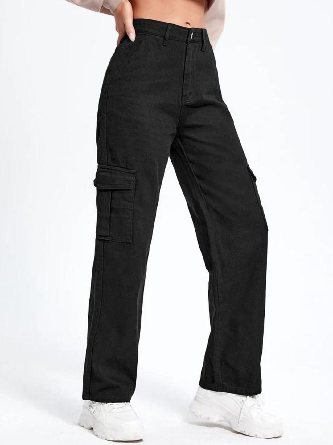 Kotty Women Cotton Straight Fit High-Rise Cargo Styles Jeans