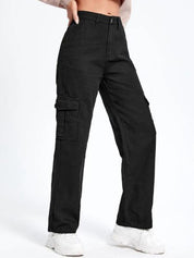 Kotty Women Cotton Straight Fit High-Rise Cargo Styles Jeans