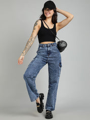Kotty Women Straight Fit High-Rise Stretchable Cargo Jeans