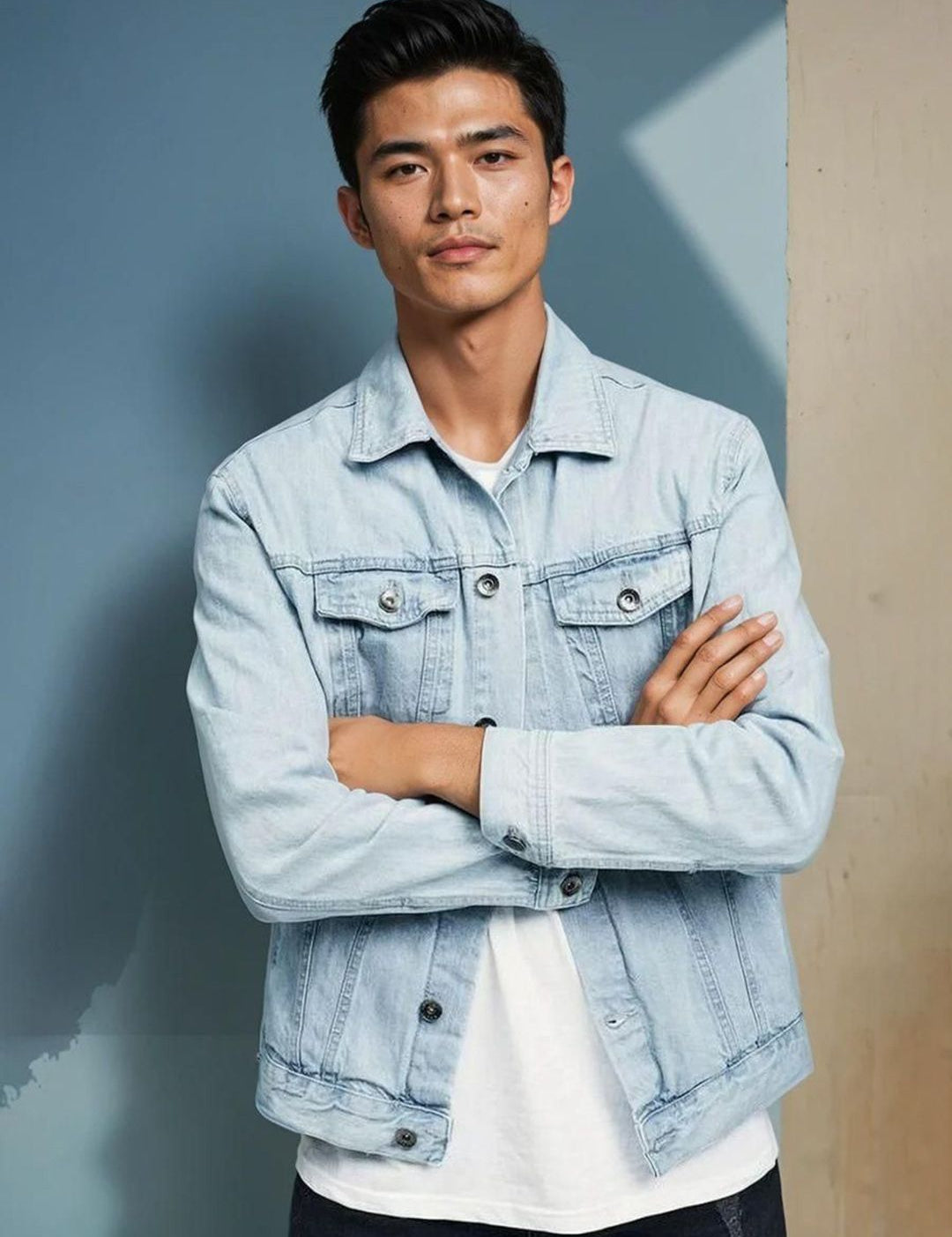 Kotty Men Spread Collar Solid Denim Jacket