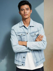 Kotty Men Spread Collar Solid Denim Jacket