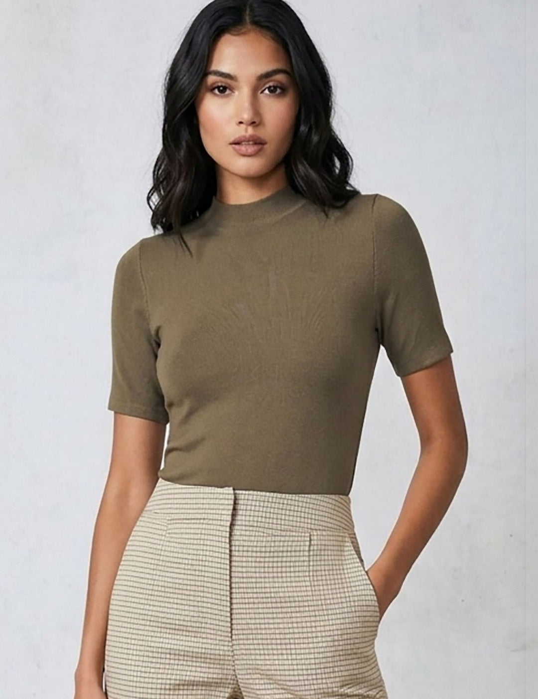 Kotty Top Caramel Brown Women's Mock-Collar Short-Sleeve Fashion