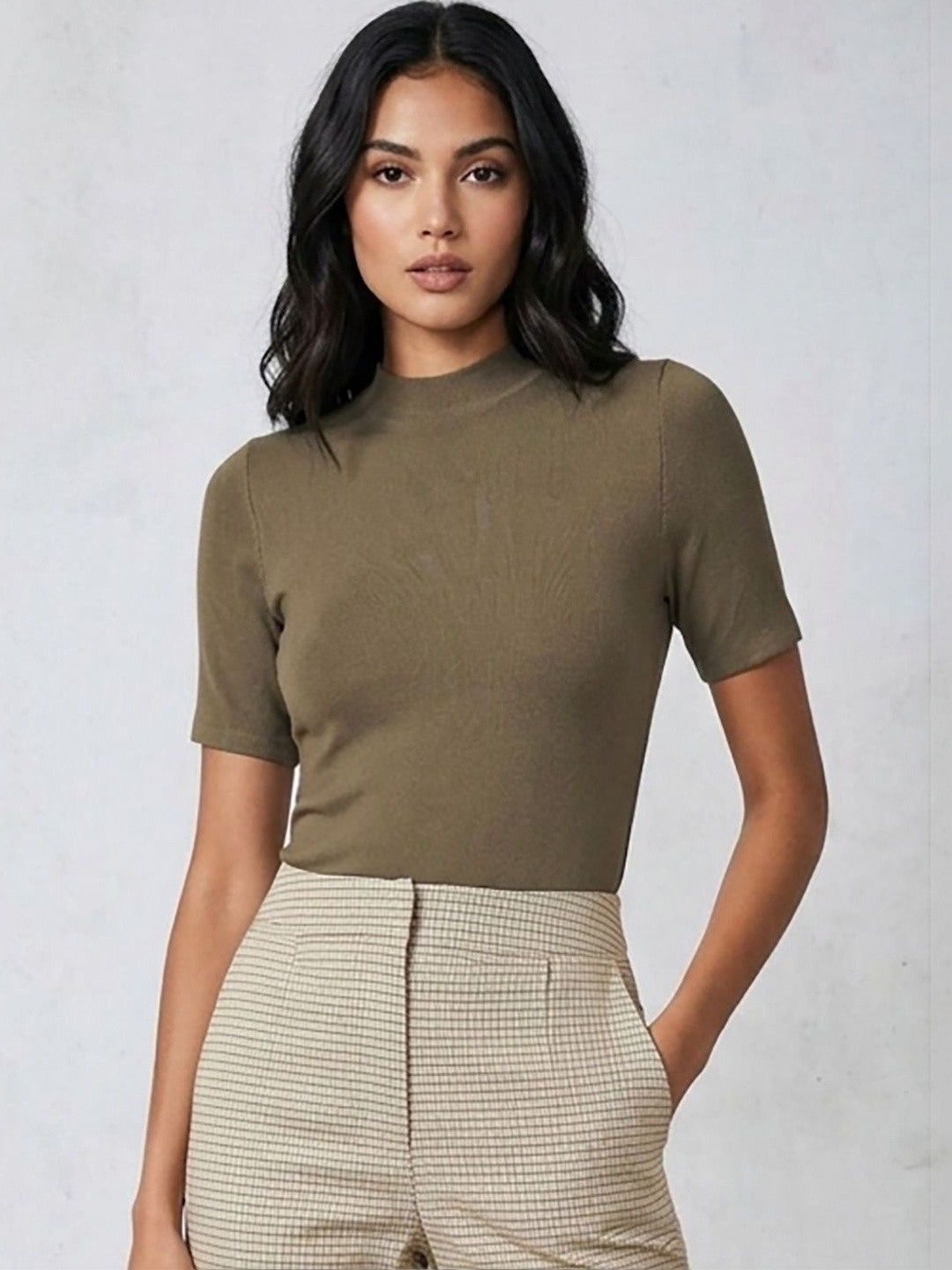 Kotty Top Caramel Brown Women's Mock-Collar Short-Sleeve Fashion