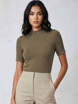 Kotty Top Caramel Brown Women's Mock-Collar Short-Sleeve Fashion