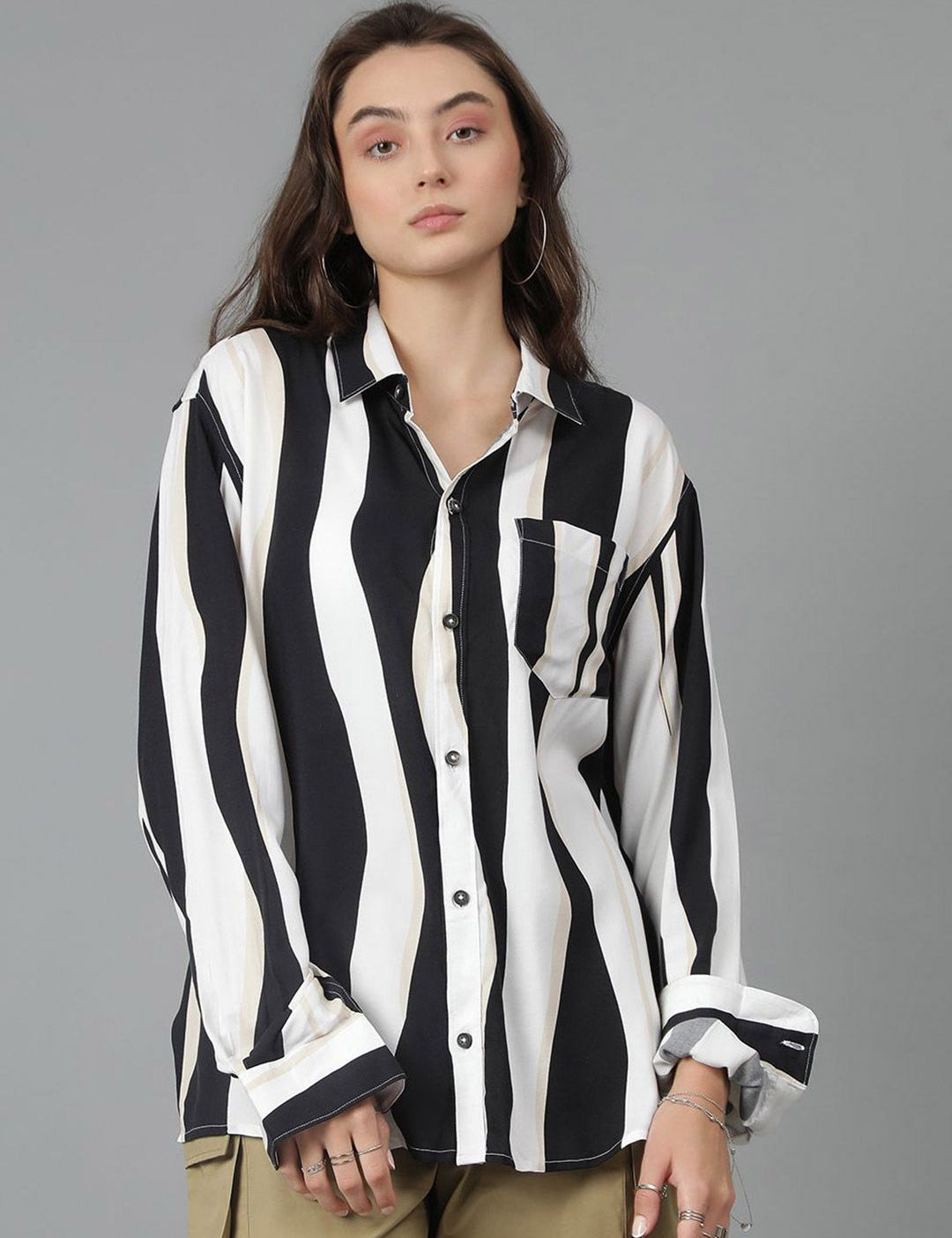 Kotty Women Spread Collar Striped Cotton Oversized Casual Shirt