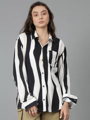 Kotty Women Spread Collar Striped Cotton Oversized Casual Shirt