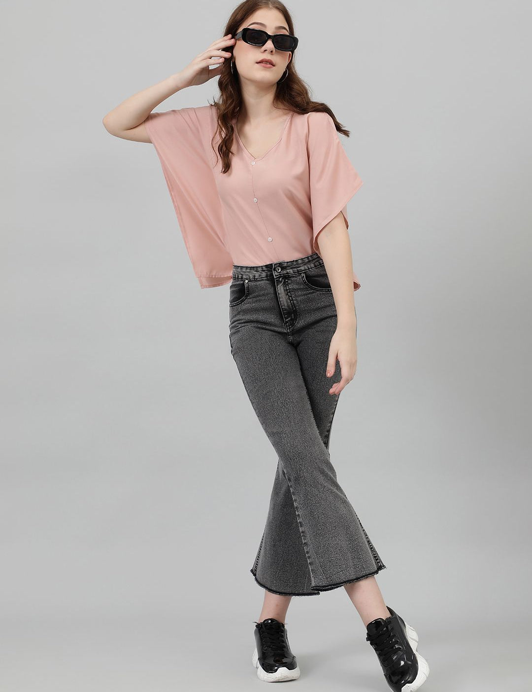 Kotty Women Flared Sleeve Crepe Boxy Top