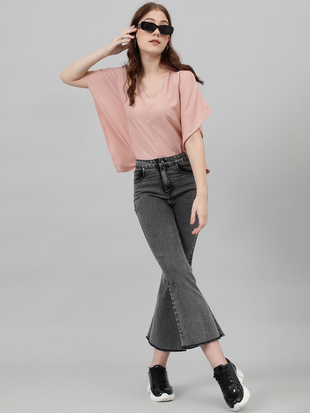 Kotty Women Flared Sleeve Crepe Boxy Top