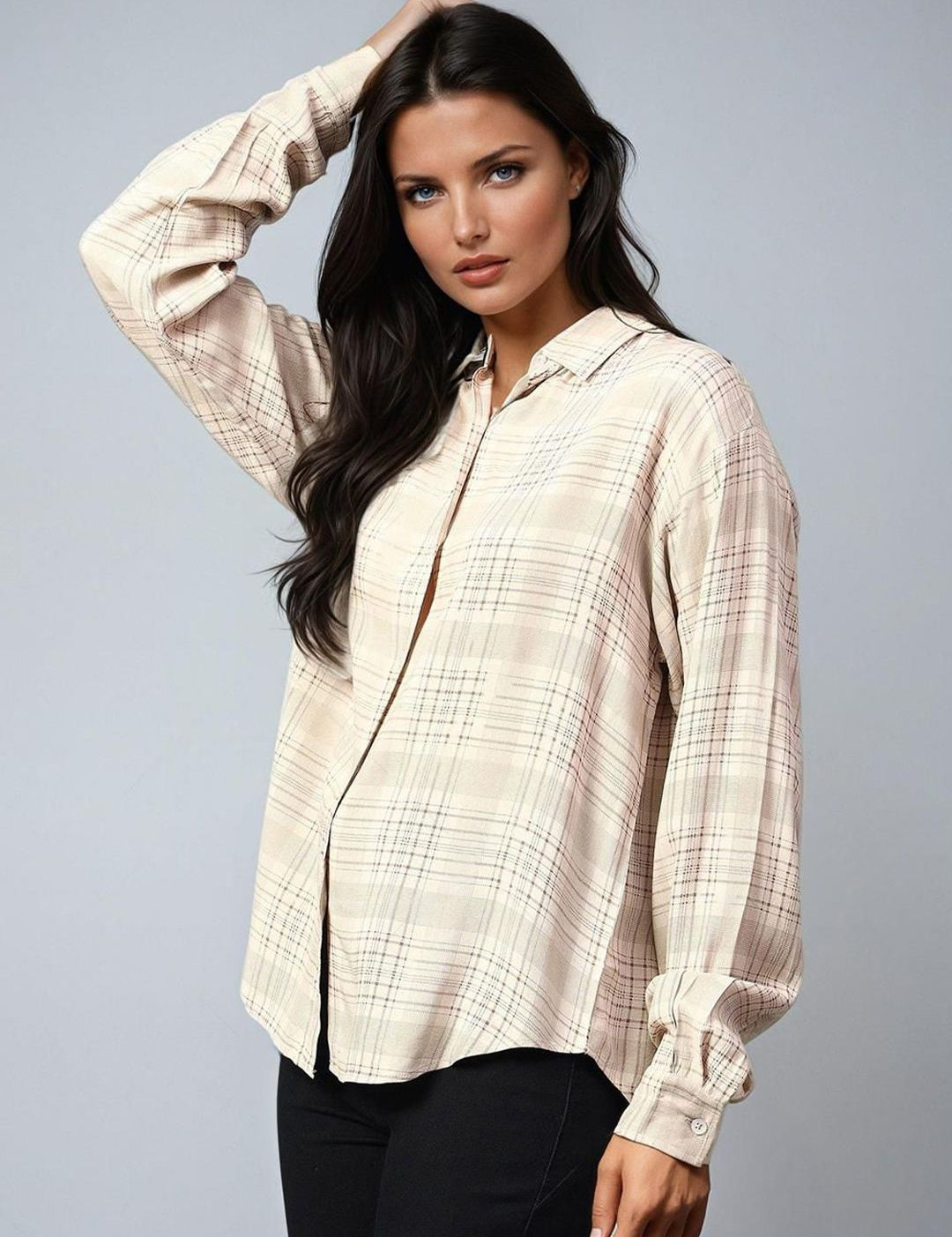 Kotty Women Spread Collar Tartan Checked Cotton Casual Shirt